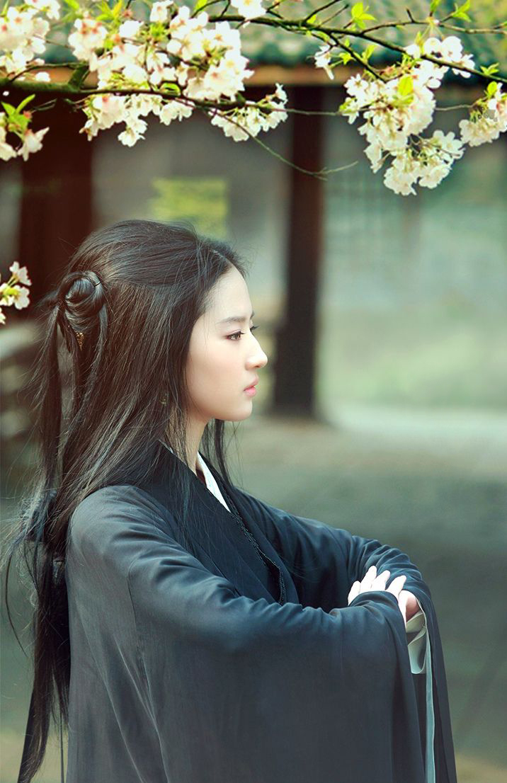 Model with dark blue Hanfu